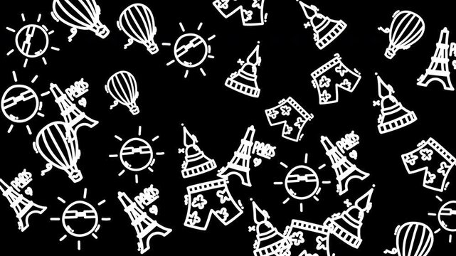 Abstract black background with white outline drawings of hot air balloons, suns, Eiffel Towers, and swim trunks, creating a playful and travel-themed pattern.