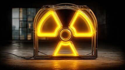 Neon radioactive sign glowing with bright yellow electric lines, stylized hazard symbol in glowing neon for science, nuclear, or energy visuals