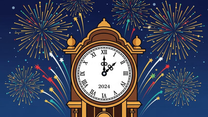 New year's eve celebration with clock striking midnight and colorful fireworks exploding in night sky on 2024