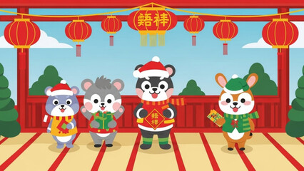 Fototapeta premium Four adorable cartoon chipmunks wearing festive outfits stand on a chinese temple stage with red lanterns