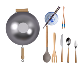 overhead shot of a cooking scene with wok, utensils, and tableware set, suggesting a culinary theme suitable for blogs and lifestyle content creation