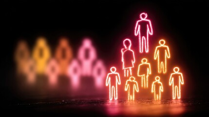 Neon leadership and management visual showing glowing executive icons, hierarchy symbols, and team direction graphics for business strategy themes
