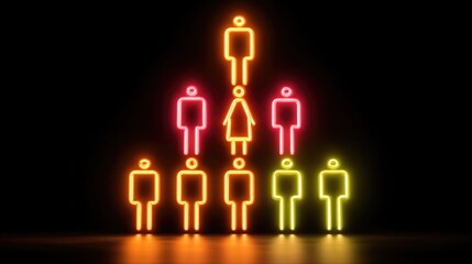 Neon leadership and management visual showing glowing executive icons, hierarchy symbols, and team direction graphics for business strategy themes