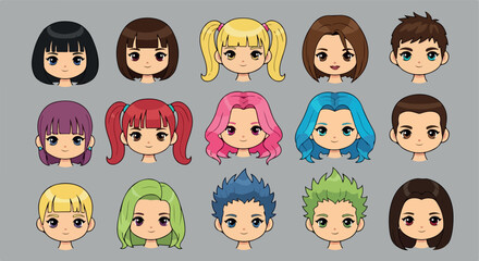 Diverse anime character heads with various hairstyles