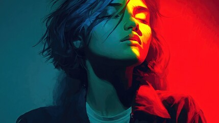 Neon light and shadow contrast paintings highlighting glowing edges, dramatic illumination, vibrant neon tones for digital art, futuristic portraits, and creative backgrounds.