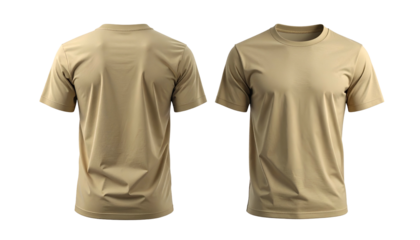 Two views of a tan-colored crew neck t-shirt, front and back, isolated on a transparent background