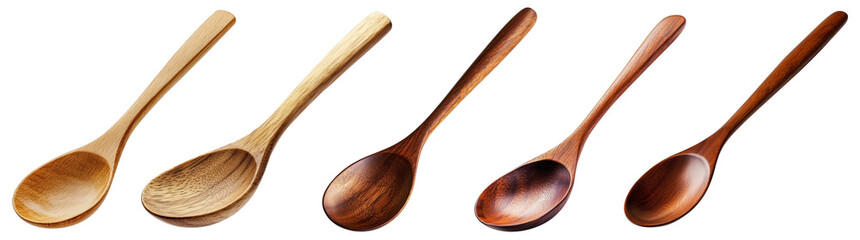 overhead photograph of a set of five wooden cooking spoons, presenting a variety of shades, tones, and textures, artistically staged on transparent background
