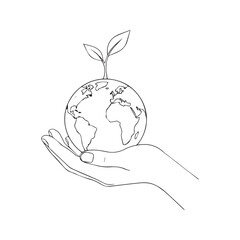 Pencil sketch illustration of a human hand holding planet Earth with a growing plant sprout on top, symbolizing environmental protection and ecology.
