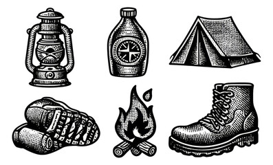Vintage Camping Gear Illustration with Lantern, Compass, Tent, and Boots Design