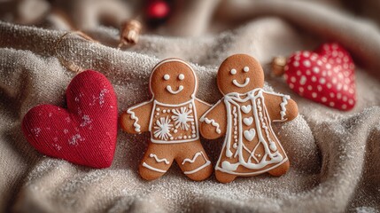 Two gingerbread figures and hearts are arranged on a textured fabric.