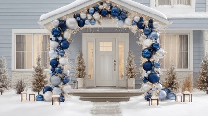 Festive entryway decorations adorn a snow-covered home during winter.