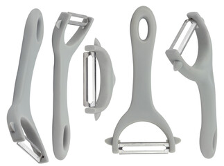 assorted gray vegetable peelers in multiple styles, set on a transparent background, studio shot to show the details of kitchen tool design for product advertisement