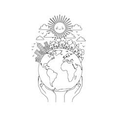 Hand holding planet Earth with trees, nature, sun, and city buildings, black and white line art illustration for coloring book page.

