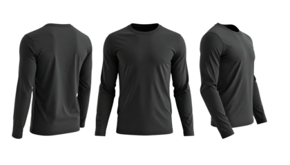 3 views of a long-sleeved, dark gray, crew neck top in front, back and side perspectives