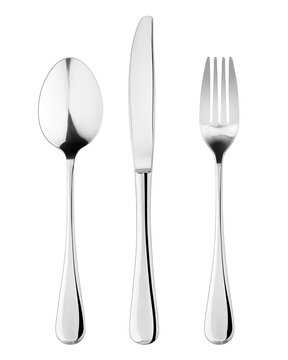 elegant studio photograph of a three-piece place setting of shiny modern cutlery against a transparent background, including a spoon, knife, and fork, simple and minimal