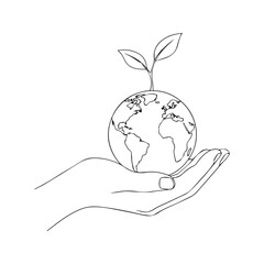 Pencil sketch illustration of a human hand holding planet Earth with a growing plant sprout on top, symbolizing environmental protection and ecology.
