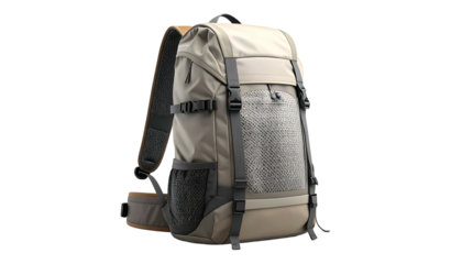 Beige and gray hiking backpack, featuring straps, pockets, and a mesh side