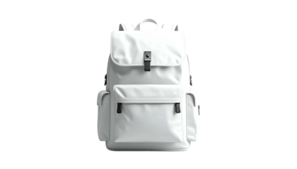 A white backpack with multiple compartments, buckle closure, and padded straps on black
