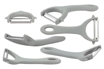 high-angle photograph showcasing a collection of grey vegetable peelers, perfect for culinary blogs and kitchenware advertising projects
