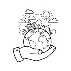 Hand holding planet Earth with trees, nature, sun, and city buildings, black and white line art illustration for coloring book page.
