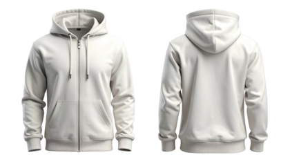 Front and back views of a plain, cream-colored, zipped hooded sweatshirt on black
