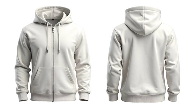 Front and back views of a plain, cream-colored, zipped hooded sweatshirt on black