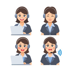 Face expressions of a businesswoman works in call center. Different female emotions and poses set.
