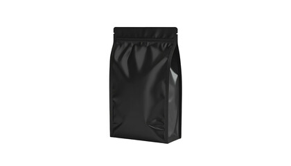 A blank, glossy black pouch stands upright, sealed with a zipper, against a black background