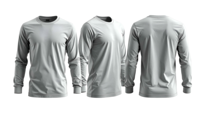 Three angled views of a long-sleeved, crew neck, light gray t-shirt on a black background