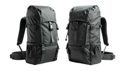 Two dark gray backpacks, side-by-side, feature adjustable straps, compartments, and buckles