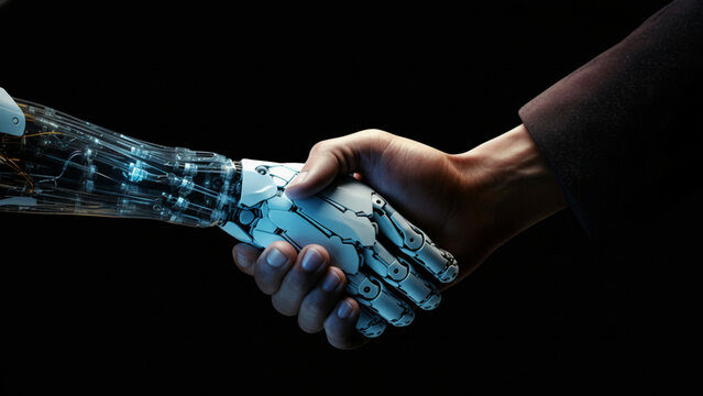 Human hand shaking robotic hand in futuristic technology collaboration