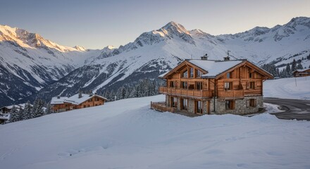 Cozy Wooden Chalets Nestled in Snowy Alpine Mountains