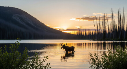 Silhouette of a moose against the golden glow of a sunset over a serene mountain lake