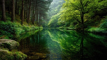 Obraz premium Tranquil forest lake mirrors lush green trees and dense woods.