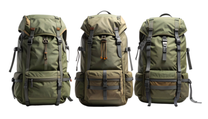 Three outdoor backpacks in shades of green and tan, with straps, pockets, and buckles