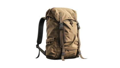 Tan-colored backpack on a black background, with straps, buckles, pockets, and a flap closure