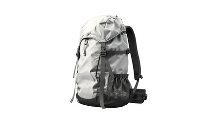 Fototapeta premium A grey backpack with a black base and details, isolated against black