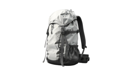 A grey backpack with a black base and details, isolated against black