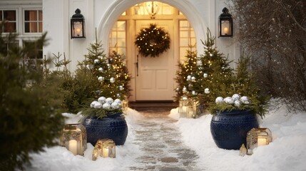 Fototapeta premium Decorated trees and lanterns adorn snowy entrance for winter holidays.