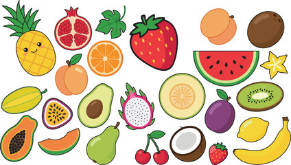 Vibrant Vector Collection of Hand-Drawn Summer Holiday and Beach Vacation Doodles Paired with a Wide Variety of Colorful, Exotic Tropical Fruits and Berries.