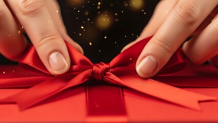 Hands tying a beautiful red ribbon on a gift box with sparkling background