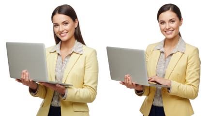 Young business women wearing light yellow clothes with laptop isolated on white or transparent backgroundv