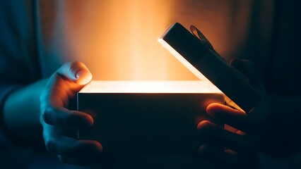 A person holding a glowing tablet with a flashlight shining on it in a dark room with a warm light