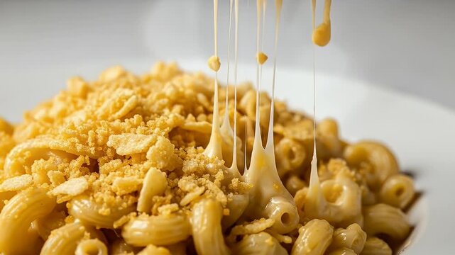 Close Up Macaroni and Cheese Topped with Crispy Crumbles on White Plate with Fork Studio Lighting Food Photography