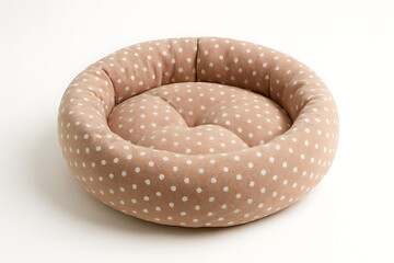 Brown polka dot pet bed on white background