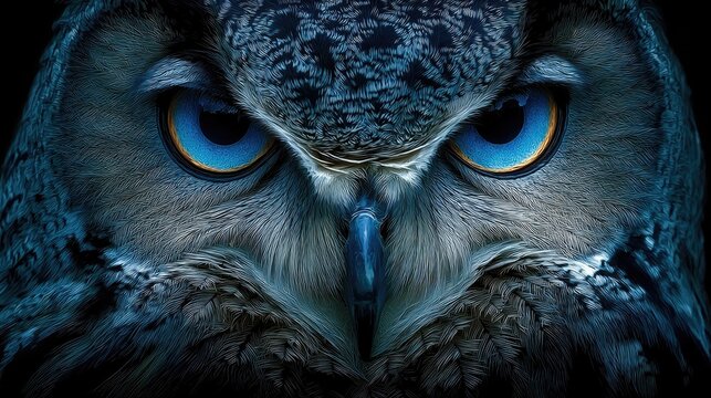 Neon owl eyes glowing with intense electric blue, detailed digital neon wildlife portrait, mysterious glowing bird eyes on dark backgrounds