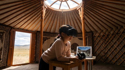 Ni&ntilde;a explorando la realidad virtual en una yurta mongola