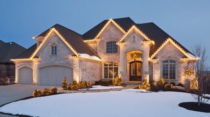 Illuminated luxury residence displays holiday lights against a twilight winter sky.