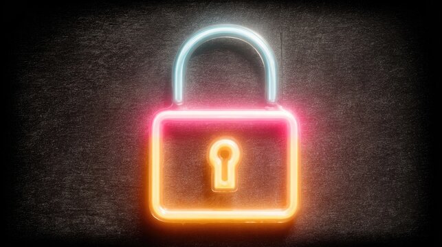 Neon padlock icon representing digital cybersecurity, secure data access, and privacy protection with glowing outlines for tech business visuals - Powered by Adobe