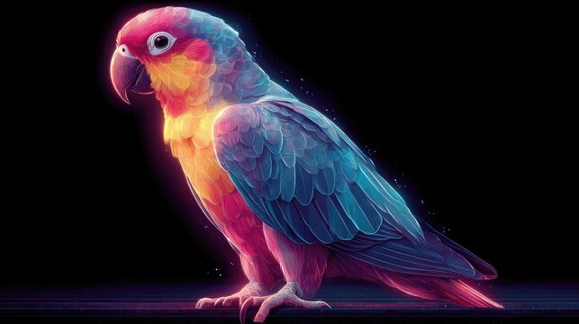 Neon parrot graphic glowing with bright tropical colors, digital neon bird illustration, electric blue and pink accents on dark backgrounds for vibrant wildlife designs - Powered by Adobe